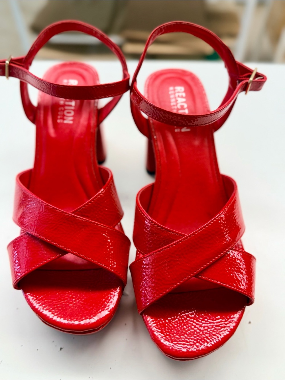 Reaction Kenneth Cole Red Patent Crisscross Ankle-Strap Block Heels